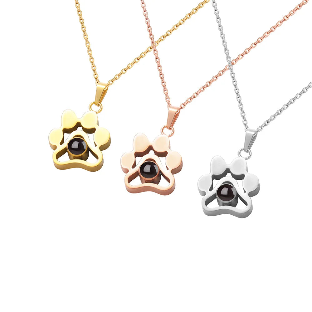 Animal Family Love Paw Shape 100 Language I Love You Dog Projection Necklace Pet Photo  Necklace