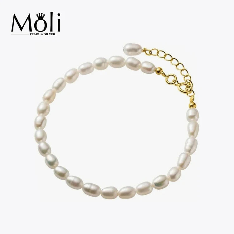 Fashion Jewelry 4-5mm White Real Cultured Rice Pearl Beaded Bracelet for Wholesale