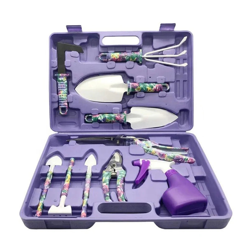 10 Pieces Gardening Tools with Purple Floral Print Trowel Rake Weeder Pruner Shears Sprayer Garden Hand Tools Set