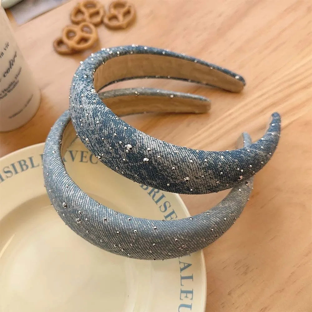 New Arrival Luxury Baroque Rhinestone Denim Hairband Vintage Printing Crystal Metal 14CM for Women Fashionable Wedding Accessory