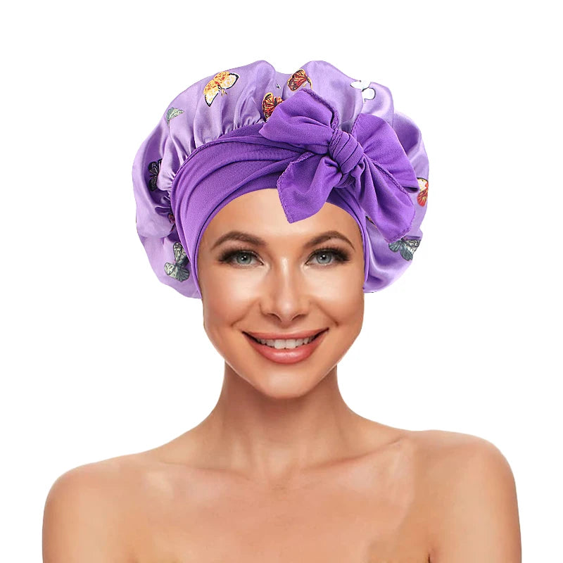 Wholesale Custom Large Sleep Hat Hair Styling Cap Solid Satin Bonnet With Tie Designer Butterfly Pattern Bonnet Caps for Women