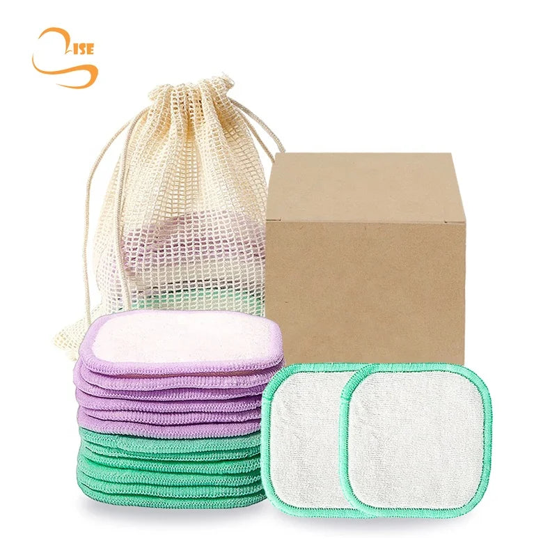 Reusable Bamboo Terry Rounds Soft Cosmetic Pads Laundry Bag Set Makeup Cotton Pad Square