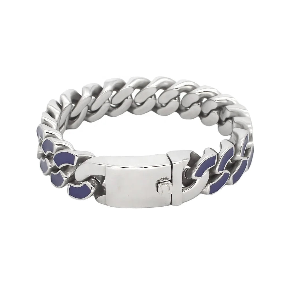 Hip Hop Bracelet Steam Punk Stainless Steel Thick and Heavy Curb Link Chain Men Bracelet with Blue Red Epoxy Perfect Luxury Gift