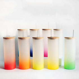 25oz Sublimation Blanks Gradient Color Frosted Glass Tumbler With Bamboo Lid and Plastic Straw