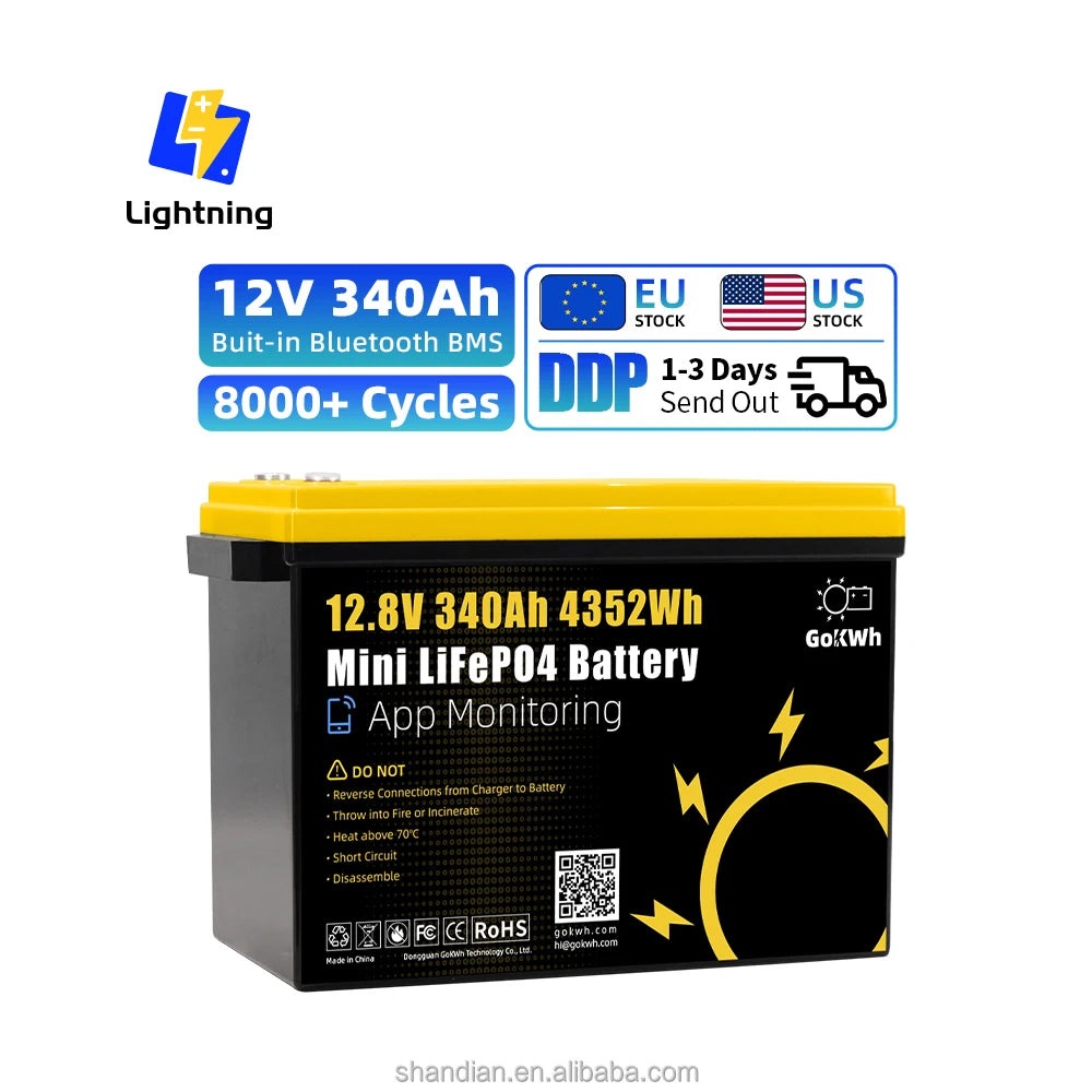 GoKWh 340Ah EU Stock OEM ODM 320Ah 280Ah Lifepo4 Lithium 12v 24v 100ah 200ah 300ah Lead Acid Solar Home Energy Storage Battery