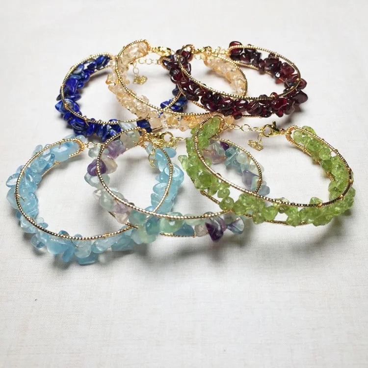 Natural Aquamarine Blue Lapis Lazuli Crushed Chips Beaded Gold Wire Wrapped Adjustable Bangle Bracelet with Extension Chain