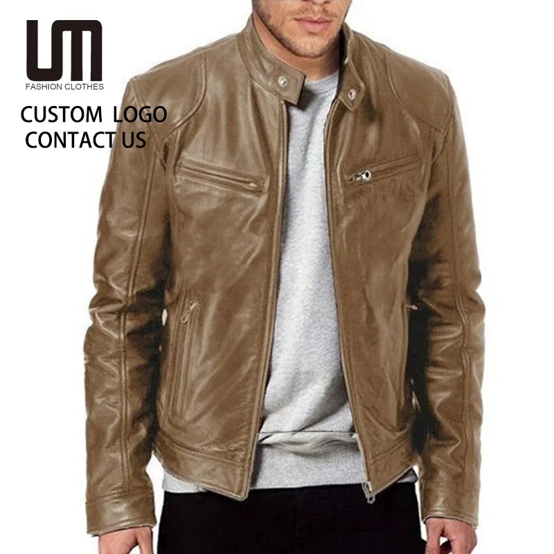 Oem New Men's Solid Motorcycle Style Jacket Long Sleeve Zipper Casual Outerwear for Autumn Winter Fashion