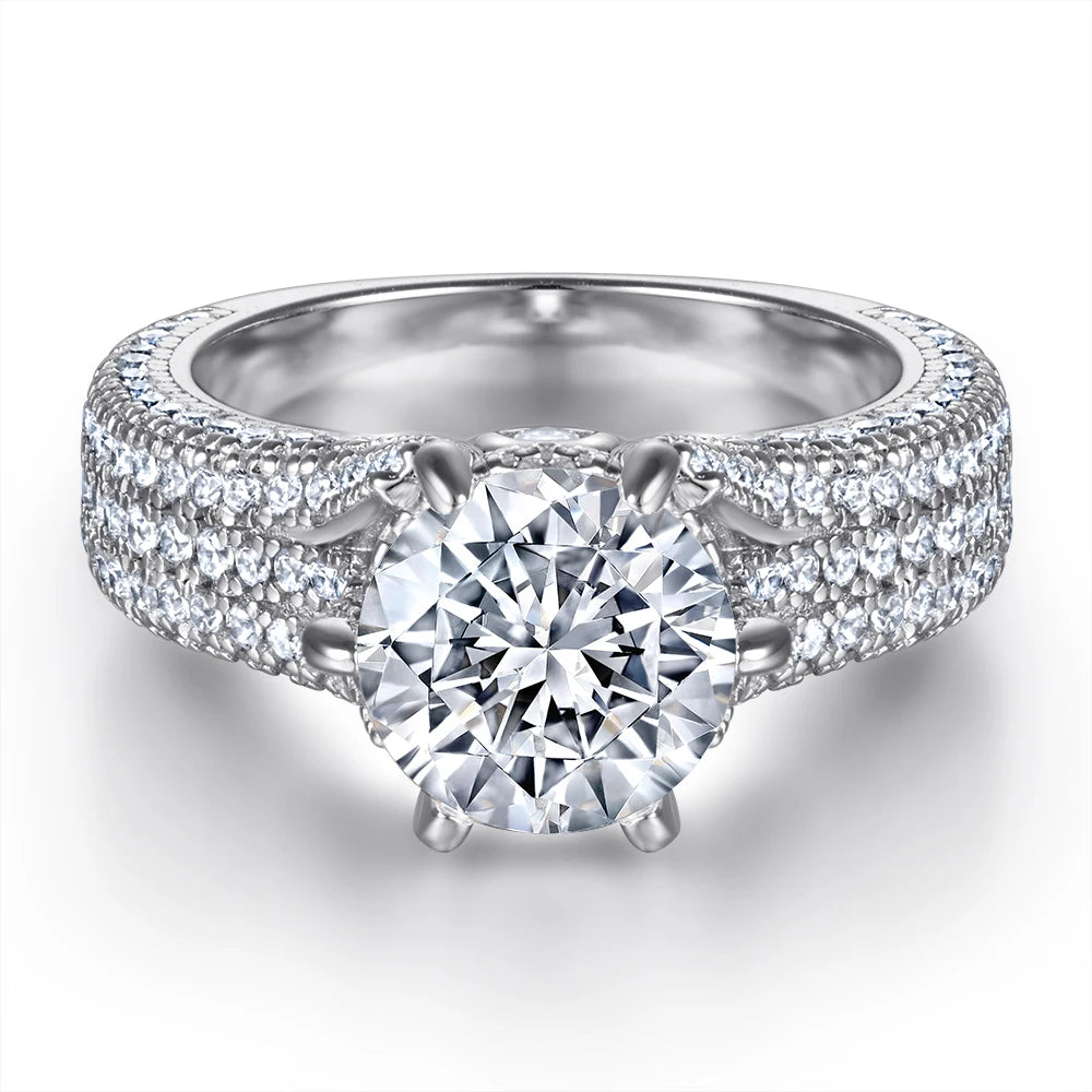 Custom Solitaire Round Zirconia 8.0mm Six Claws Setting Rhodium Plated Pure Sliver Promise Rings for Couple