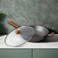 Lightweight Cast Iron Non-Stick Wok Glass Lid Wooden Handle Kitchen Cooking Cookware Gas Induction Stove Chinese Style Pattern