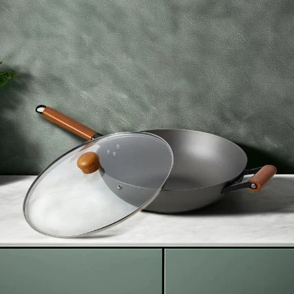Lightweight Cast Iron Non-Stick Wok Glass Lid Wooden Handle Kitchen Cooking Cookware Gas Induction Stove Chinese Style Pattern