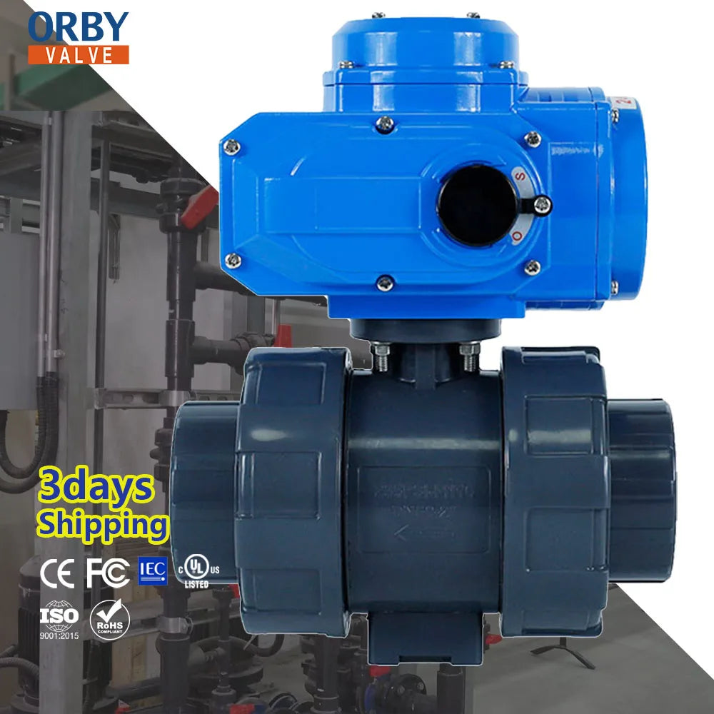 DC24V 2"inch DN50 ON/OFF Actuator Electric Motorized UPVC Plastic Double Union Glue Solvent Socket Ball Valve for Swimming Pool