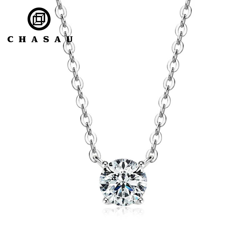 Charm Chain 925 Sterling Silver Claw Round Brilliant Lab Diamond Moissanite Choker Necklace for Women