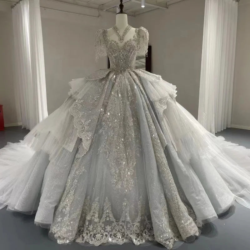 Jancember GT102 Princess Bling Short Sleeve Wedding Gowns Dresses With Long Train