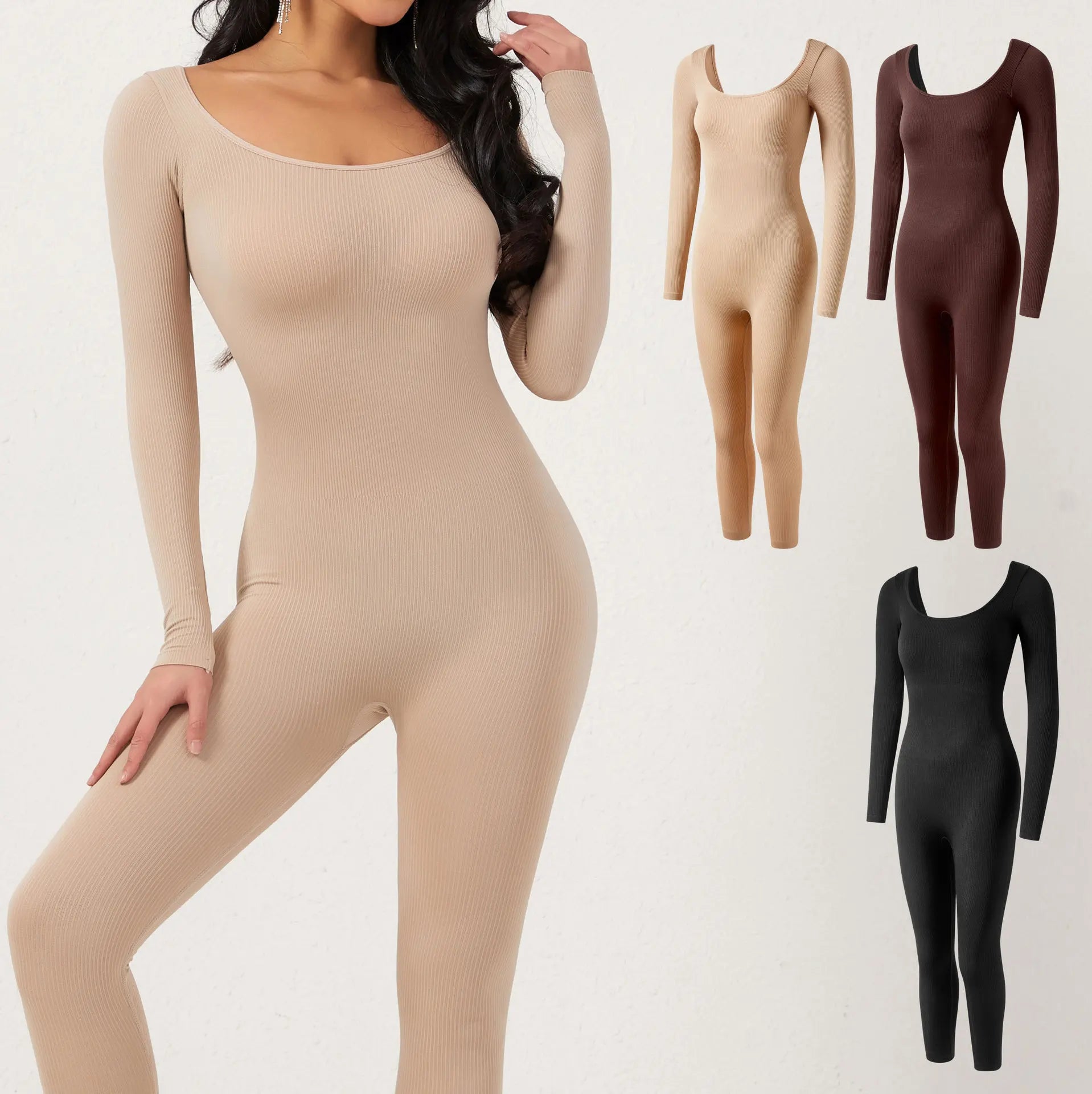 Long Sleeves Jumpsuit Women Square Collar Bodycon One-piece Leggings Seamless Casual Sports Jumpsuit Bodysuit