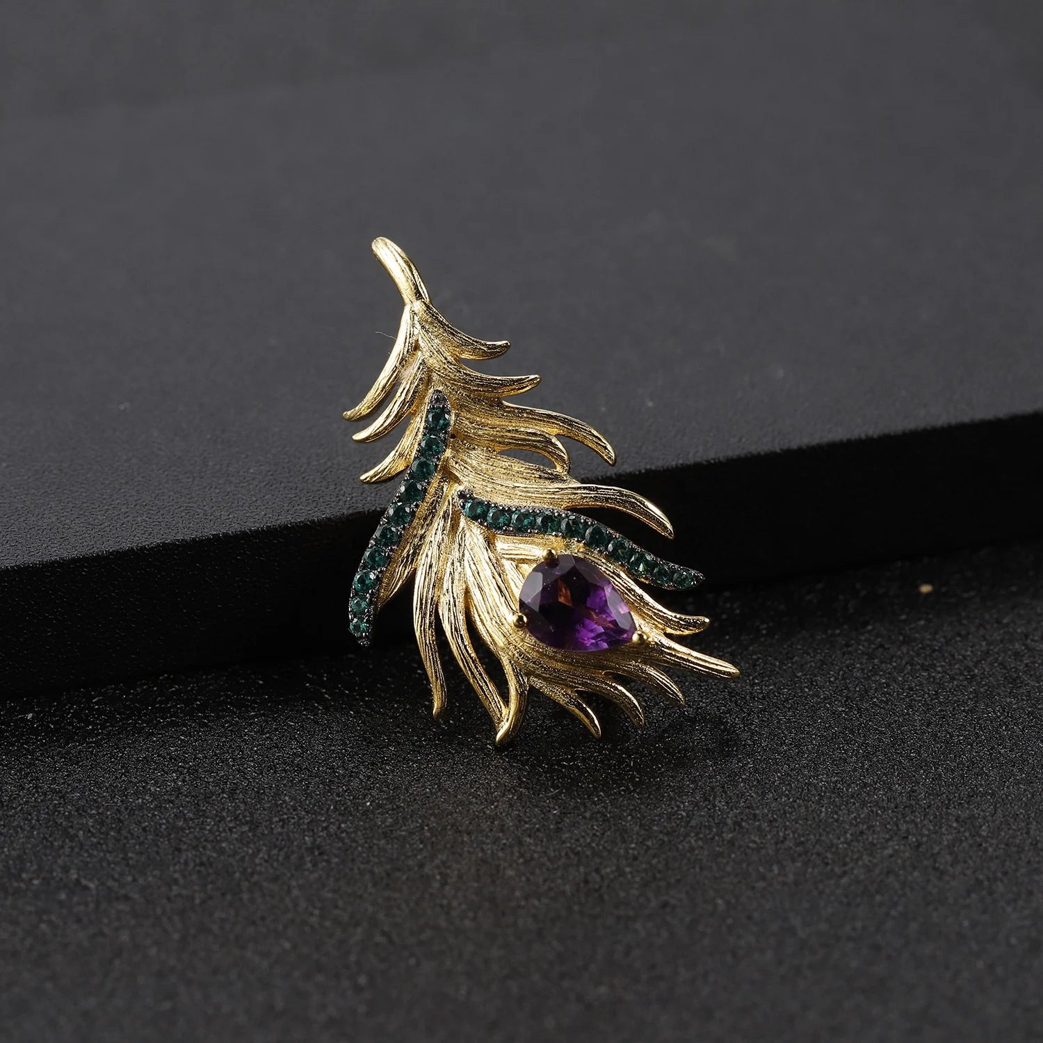 Abiding Gold Plated Leaf Brooch Pin Nano Enamel Green 925 Sterling Silver Wedding Jewelry Women Natural Amethyst Feather Brooch