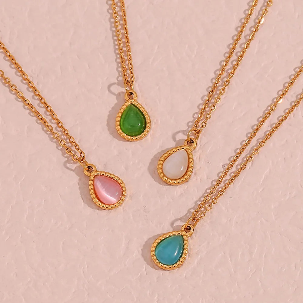 Dreamshow Colorful Natural Stone Water Drop Opal Pendant Necklace 18k Gold Plated Stainless Steel Necklace Design Jewelry