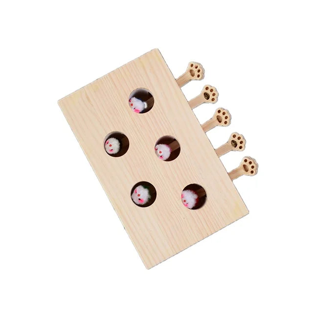Solid Wood Interactive Pet Puzzle Toy Whac-a-Mole with Five Holes Eco-friendly Sport Cat Toy Lifelike Style Packed in Carton