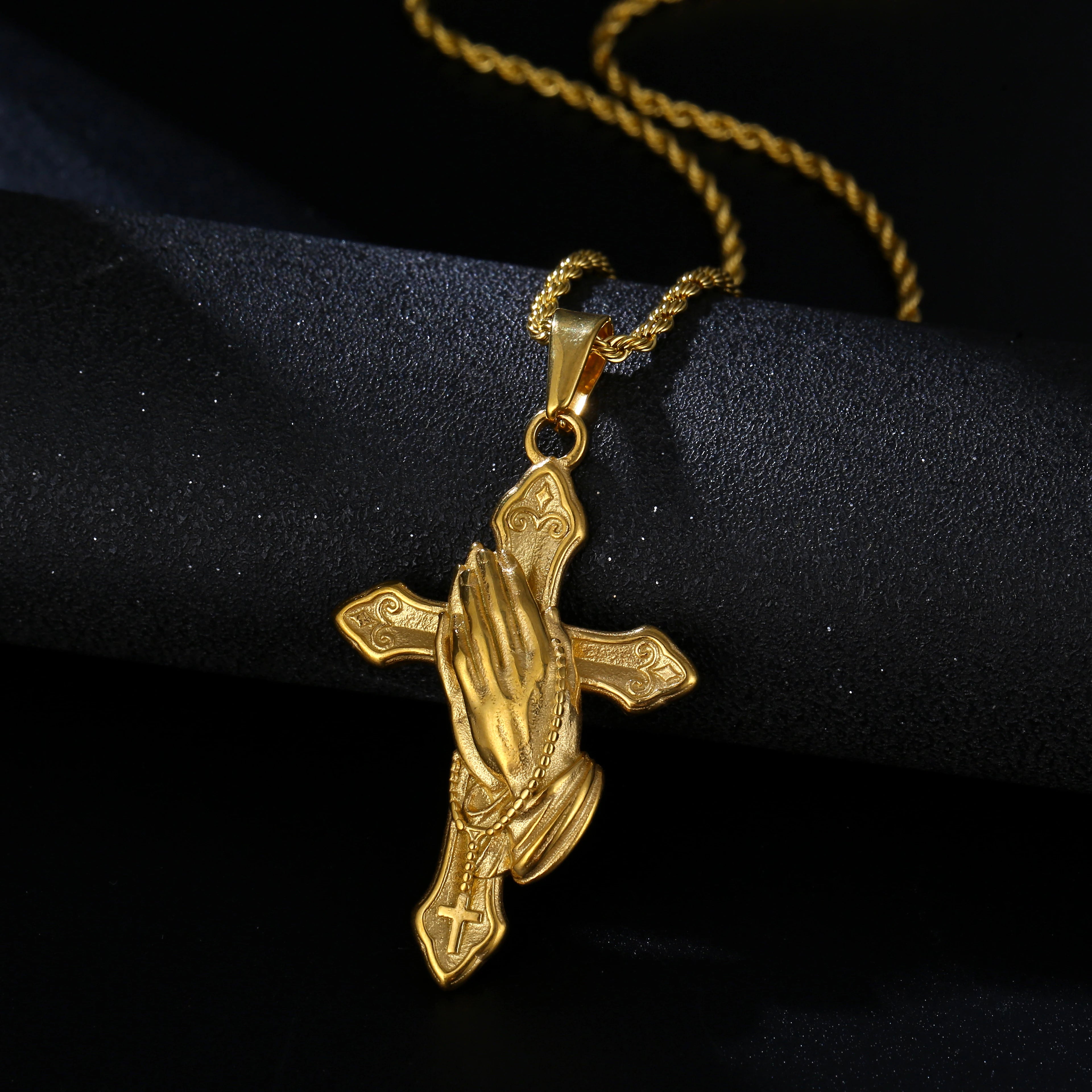 316L PVD Gold Plated Stainless Steel Catholic Prayer Religious Jewelry Prayer Praying Hands Cross Pendant Rope Chain Necklace