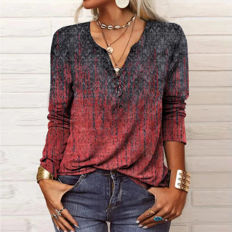 Women's Vintage Bohemian Paisley Geometric Flower Pattern Printed Long Sleeve Blouses Casual V Neck Tops Shirts