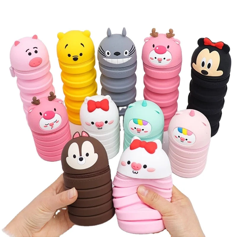 Cute Extendable Retractable Silicone Stand up Pen Case  Zipper Pencil Bag for Teenage Kids