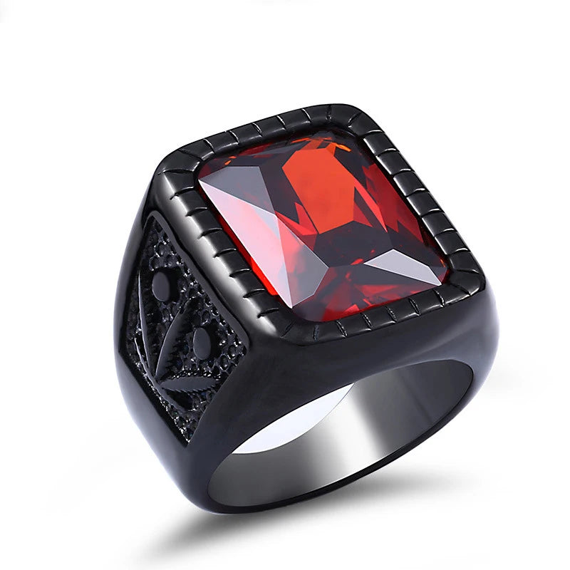OAHLAN Fashion Jewelry Leaf Design Big Red Gemstone Inlay Stainless Steel Rings for Men Wedding Engagement Party