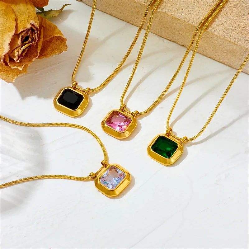 Luxury 4 Colors Non Tarnish 18k Gold Plated Square Zircon Pendant Necklace Stainless Steel Gold Necklace Women