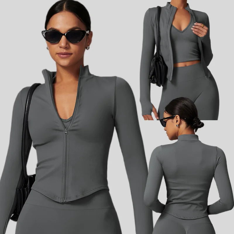 Seamless Stand Collar Zipper Long Sleeve Veste Femme Yoga Jacket Sweatshirts for Women Tight Outdoor Gym Top Fitness Sports Top