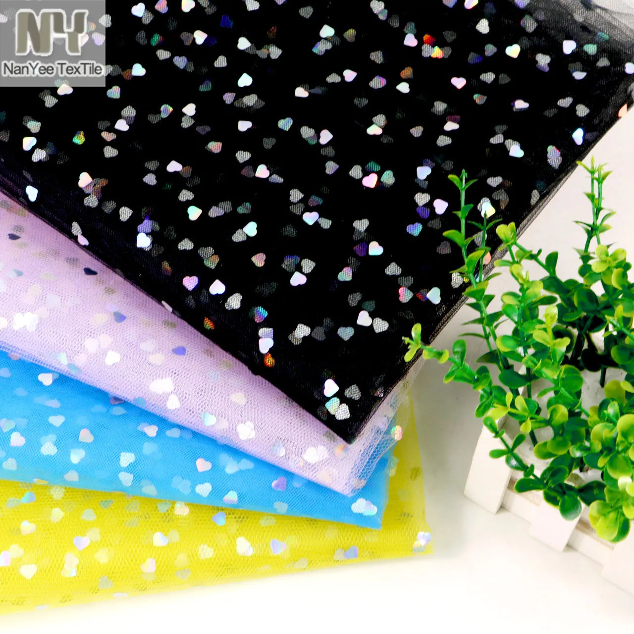 Nanyee Textile Light Weight Iridescent Heart Bonded Embellished Tulle Fabric