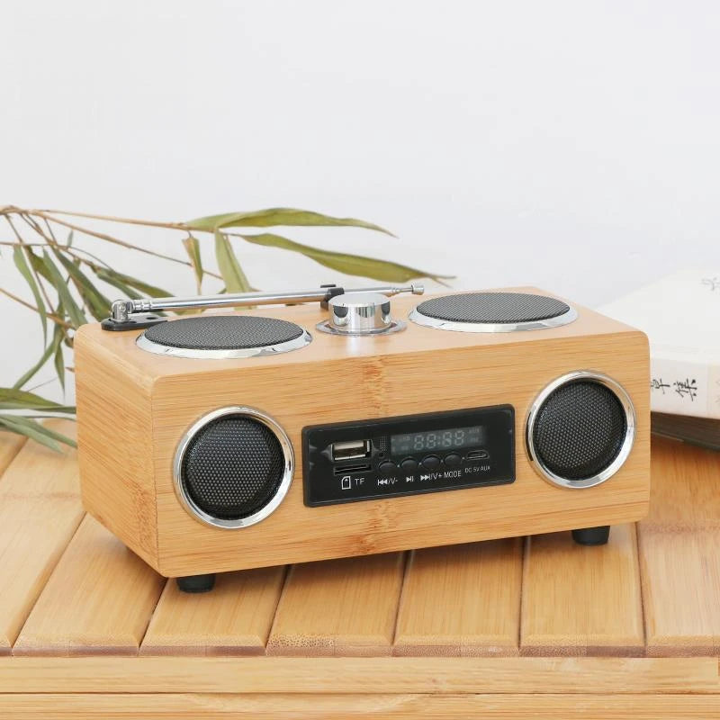 Wood Bamboo Outdoor Fm Radio Speaker Rechargeable Bluetooth Bt Portable Wireless Loud Speaker Sound Music Box Bamboo Craft Gifts