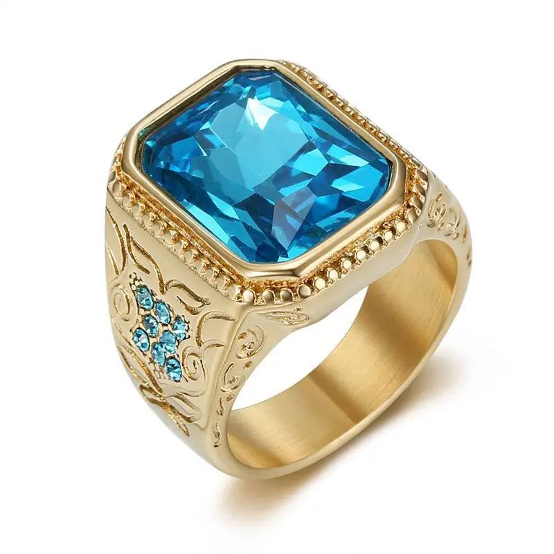 Wholesale Retro Style Titanium Steel Rings for Men Blue Crystal Onyx Gemstone Inlaid Gold Plated Fashion Jewelry Gift