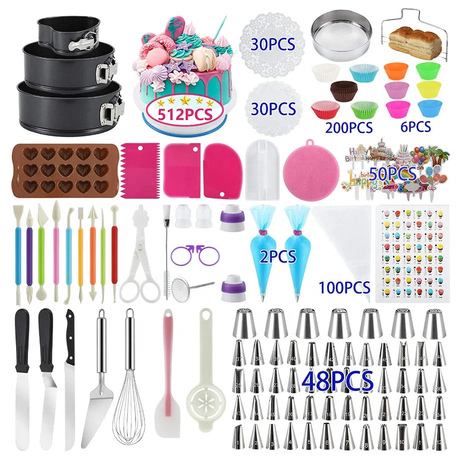 512 PCS Eco-Friendly Plastic Cake Decorating Kits for Beginners Cake Making Tools Set Baking Supplies