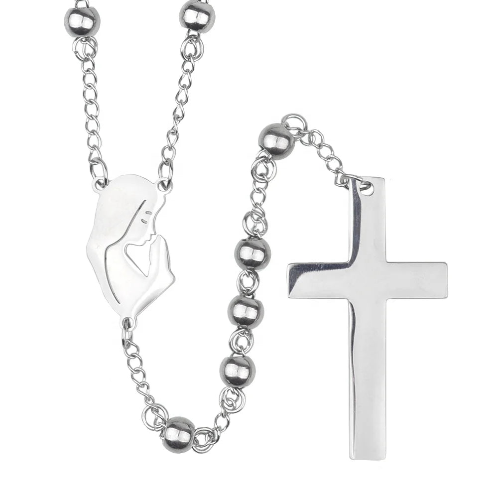 Silver Rosary 6mm Stainless Steel Beads Prayer Jewelry Religious Catholic Cross Necklace