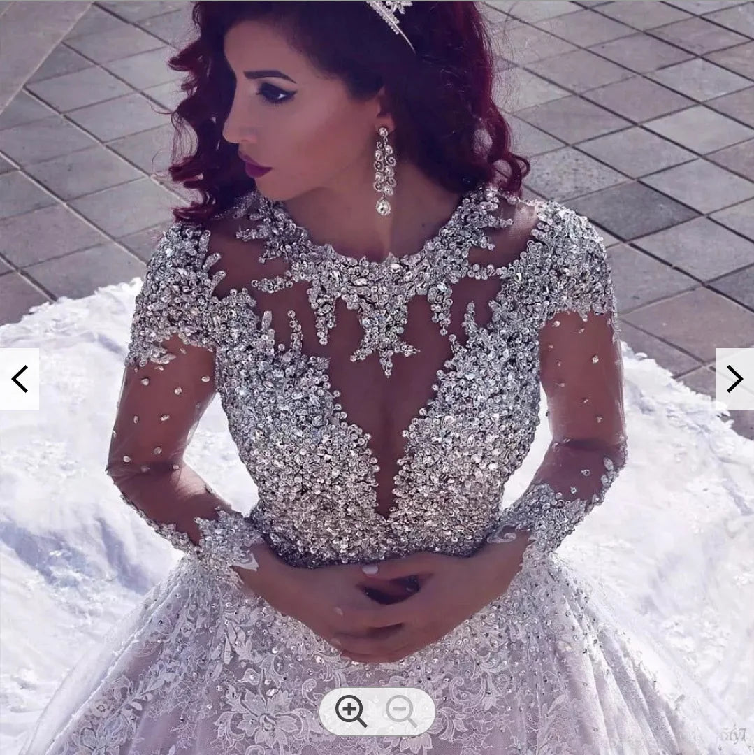 S767 Drop Shipping New Luxury Crystal Long Sleeve Ball Lace Wedding Dress Bridal Gowns Lace