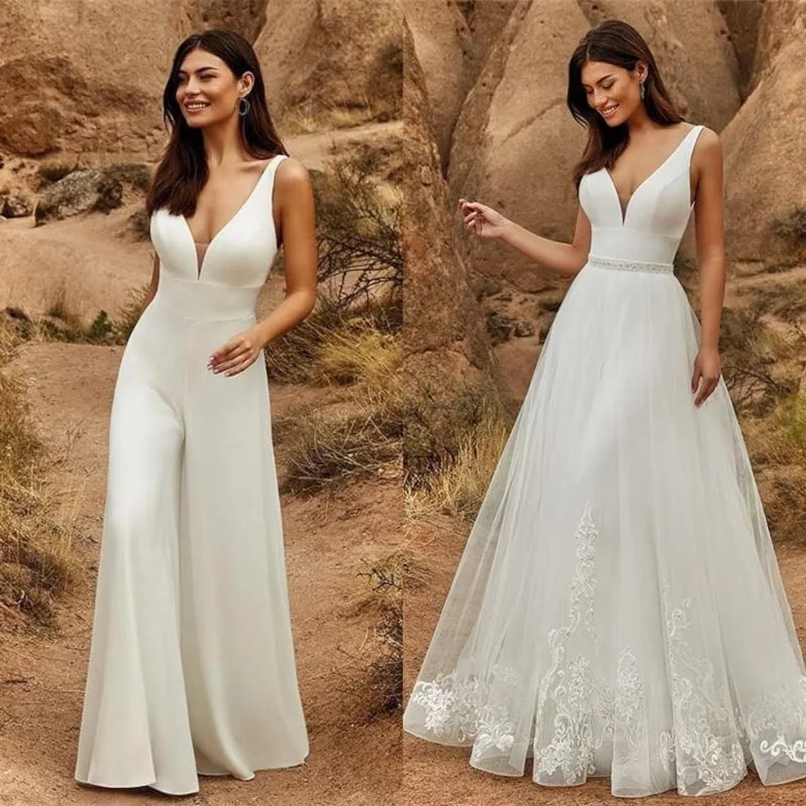 Custom Simple Detachable Sweep Train A-line Wedding Jumpsuit for Plus Size Women 70s Jumpsuit Stain Bridal Gown Evening Dresses