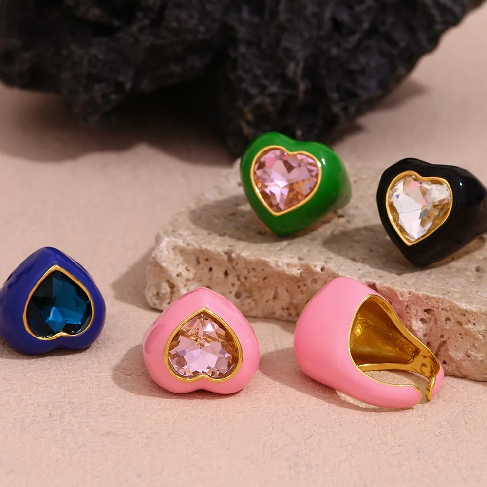 Y2K Jewelry Colorful Enamel Heart Zircon Rings Jewelry Women Gold Plated Stainless Steel Statement Rings