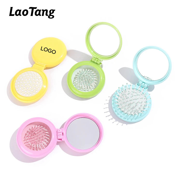 Cute Portable Pocket Small Travel Hair Brush Mirror Styling Tools Folding Massage Comb Cushion Paddle Vent Mini Pocket Mirror