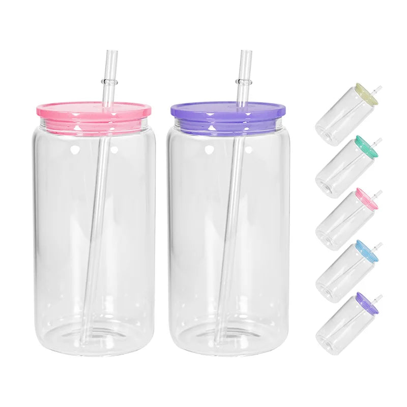 New Arrival 16oz Sublimation Frosted Clear Glass Can Blanks Glass Beer Can With Colorful Lid Wholesale