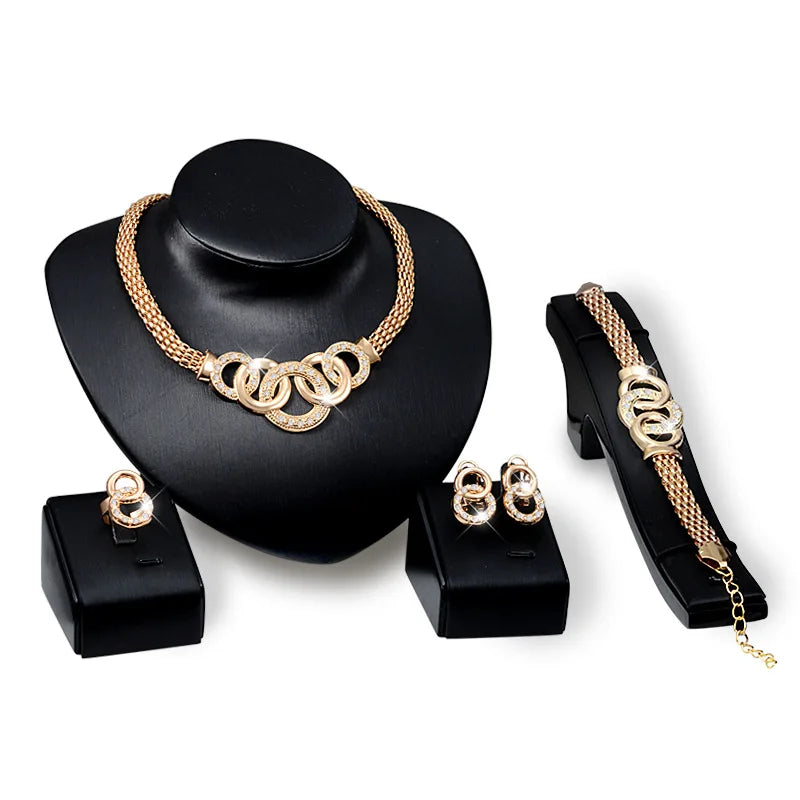 Go Party Fashion Dubai African Jewelry Women Necklace Earrings Bracelet Rings Four-Piece Alloy Crystal Bridal Wedding Parure