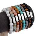 Square Custom Laser Engrave Logo Stainless Steel Charm Natural Stone Beaded Bracelet