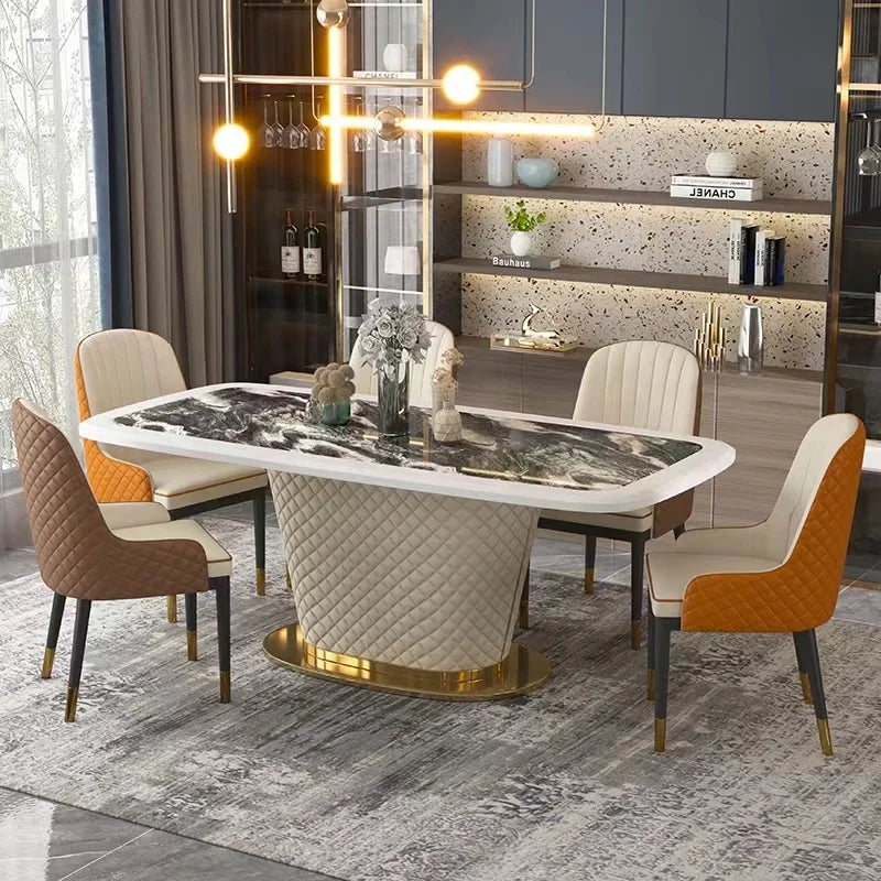 Modern Rectangle Marble Dining Table Set Metal Leather Sintered Stone Dining Table and 6 Chairs Luxury Dining Room Furniture