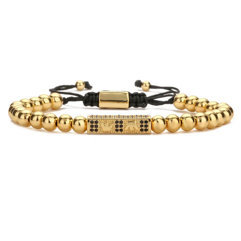 MIENTER 18k Gold Plated Crown Charms Bracelets for Women Men Fashion Brass Beaded Adjustable Bracelet