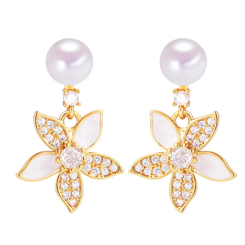 S925 Pure Silver Needle Small Flower Design Natural  Freshwater Pearl Earrings