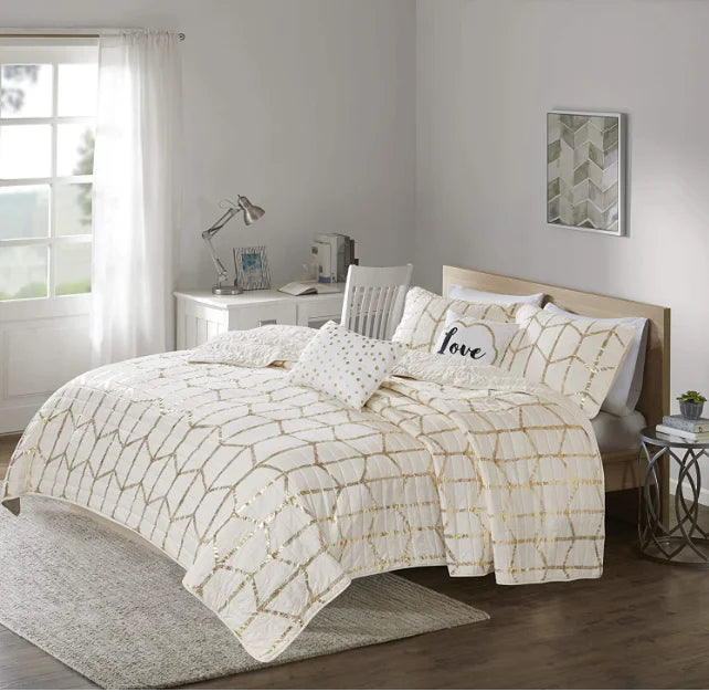 Gold Metallic Print Soft Patchwork Quilts Bedspreads Set Cubre Cama