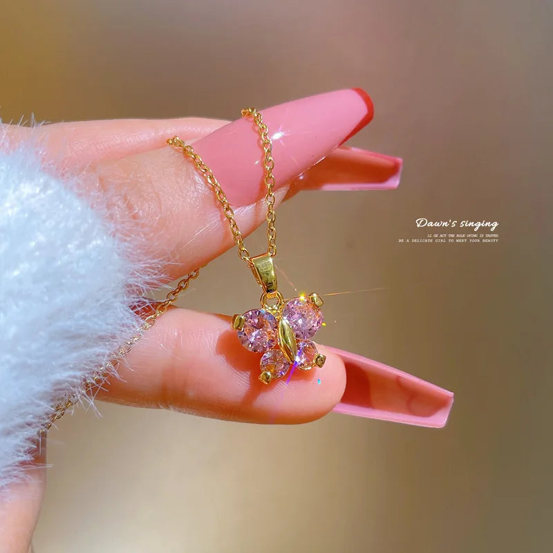 2022 Arrival Exquisite Crystal Rhinestone Butterfly Necklace Gold Plating Stainless Steel CZ Zircon Butterfly Pendant Necklace