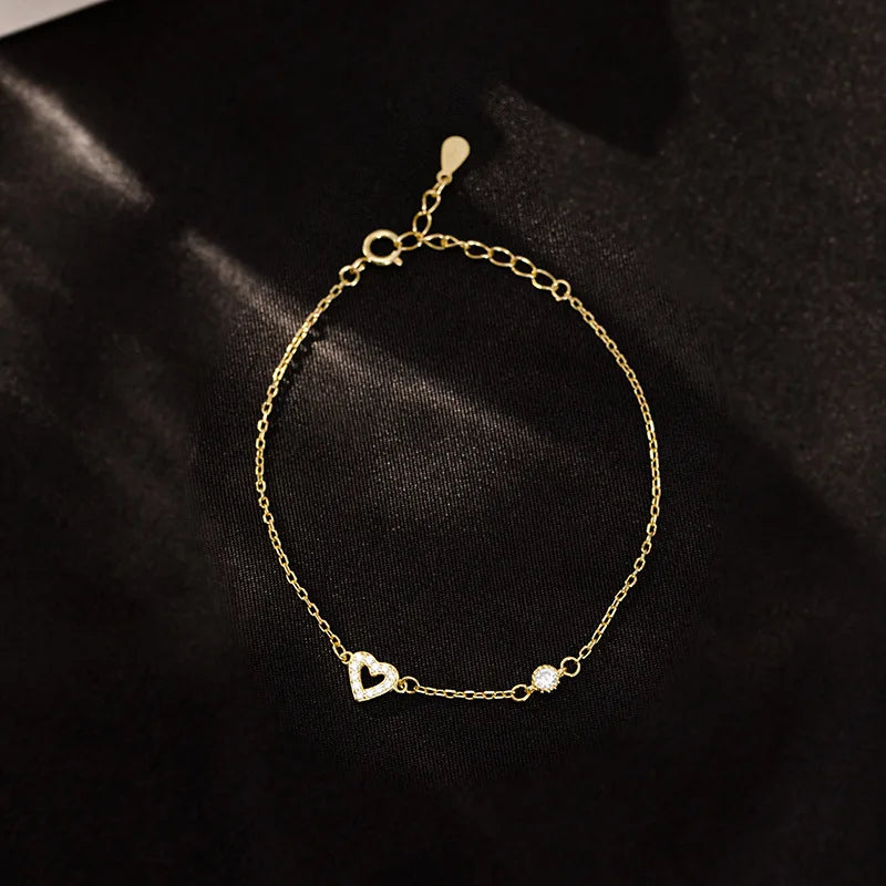 Fashion Jewelry 925 Silver Bracelet Women 925 Sterling Silver Heart Bracelet Gold Plated Chain Heart Zircon Bracelet Jewelry