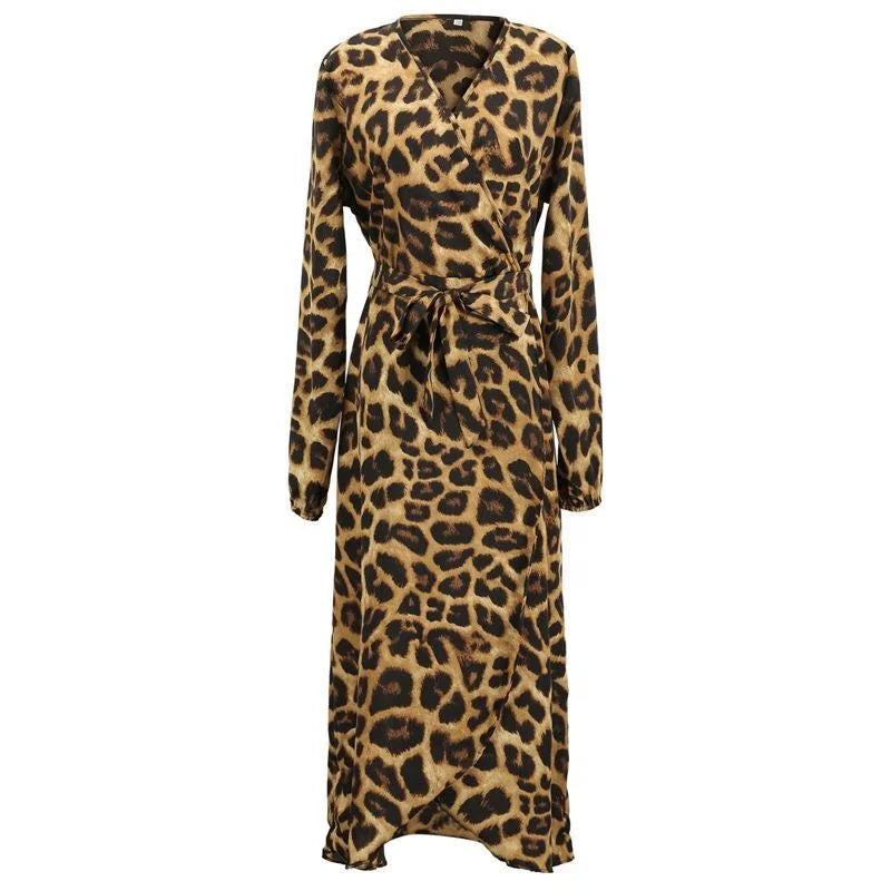 Women's Summer Lepord Chiffon Maxi Dress Long Sleeves Wrap Chest Belt Natural Draped Decoration-Washable
