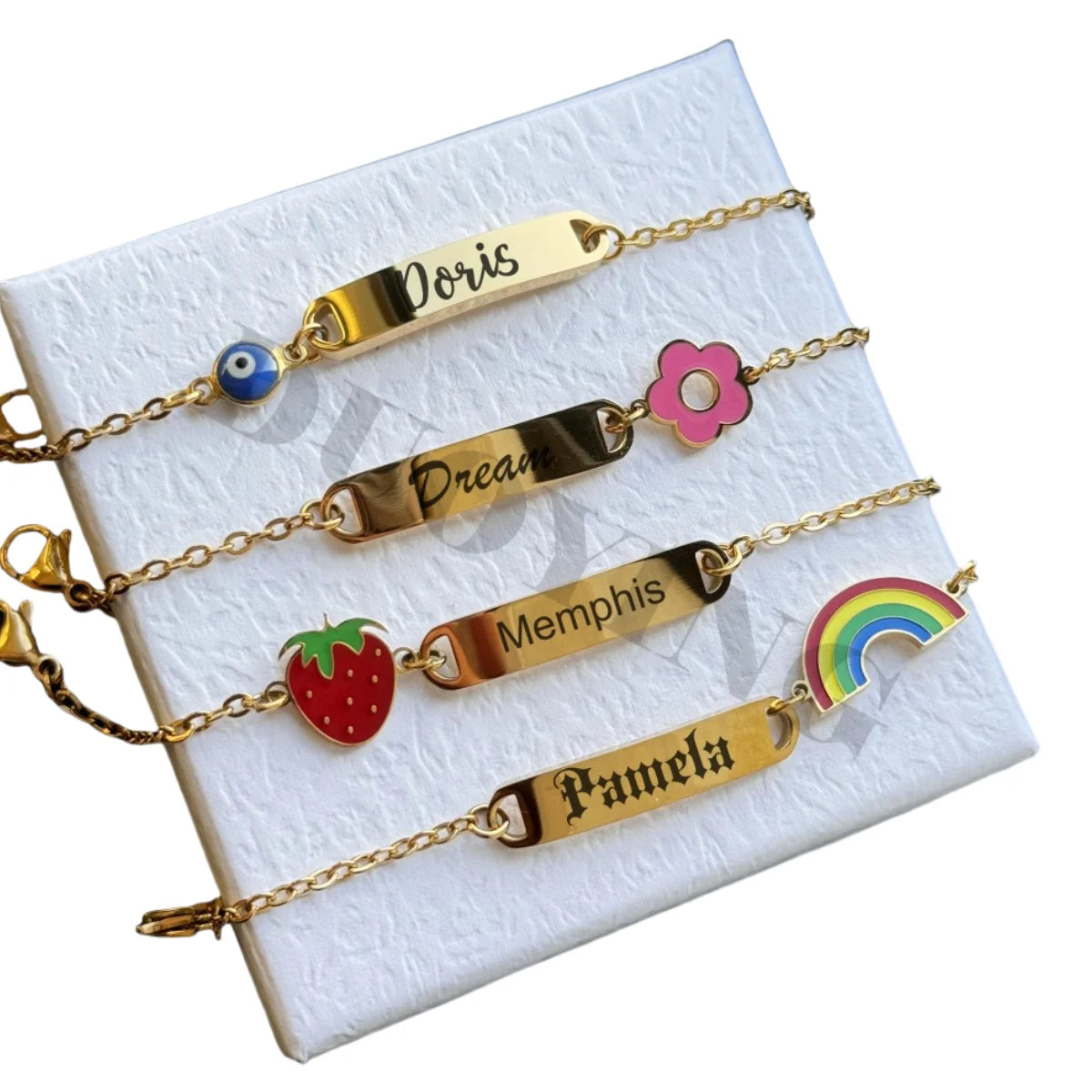 QIUHAN Engraved Letter Flower Bar Bangle Adjustable Strawberry Custom Rainbow Name Bracelet