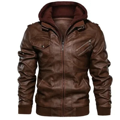 Men's Casual Motorcycle Bomber Zip-Up Stand Collar with Removable Hood Winter PU Faux Leather Camouflage Pattern MegaBDM