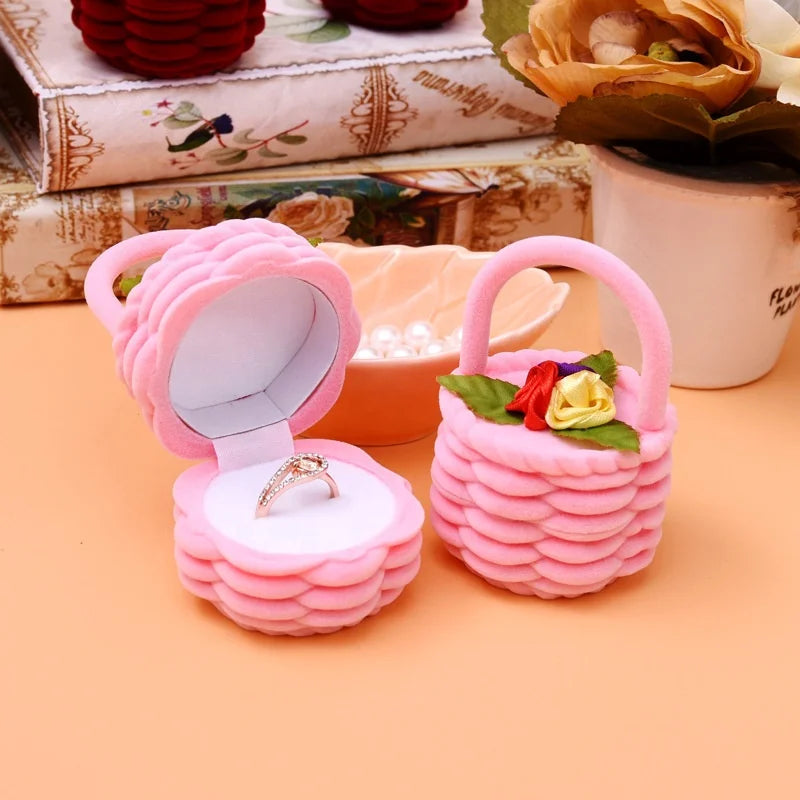 Pink Velvet Jewelry Case Cute Flower Basket Jewelry Ring Gift Box Jewelry Earring Packaging Box for Mother's Day