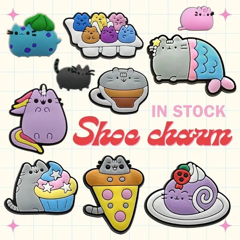 Hot Sale Designer Soft Kawaii Food Character PVC Rubber Decor Clogs Charm Kitten Cat Ornaments Cup Cake for Girls Party